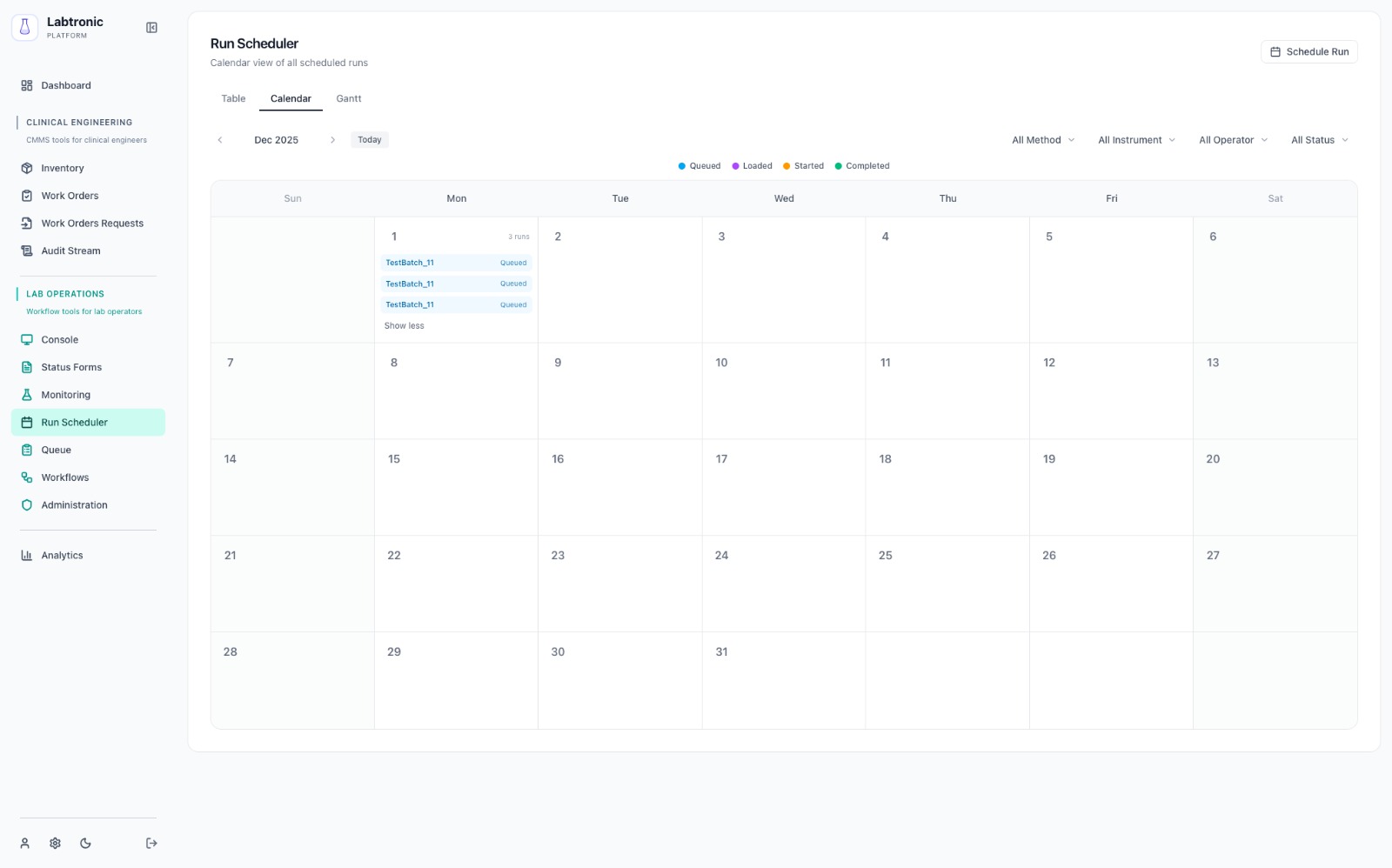 Run scheduler calendar view